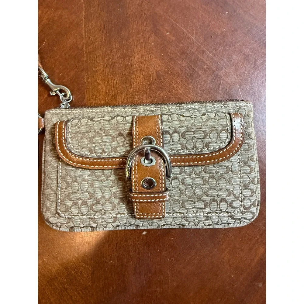Coach Signature Jacquard Leather Buckle Wristlet Pouch Khaki Tan Silver Hardware
